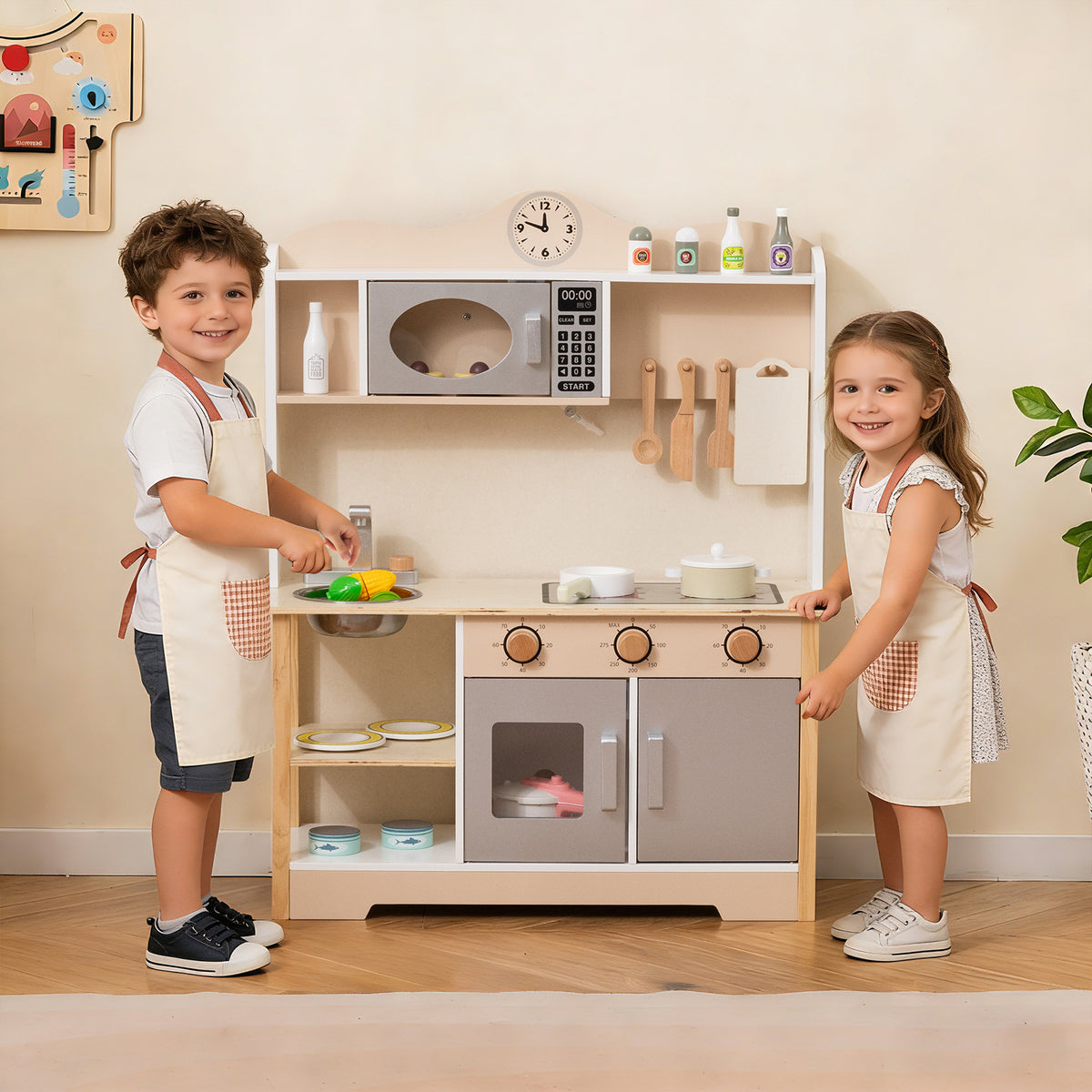 Wooden Play Kitchen Cooking Toy Playset for Kids - White 27"-Play Kitchen Sets-DECOROLALA
