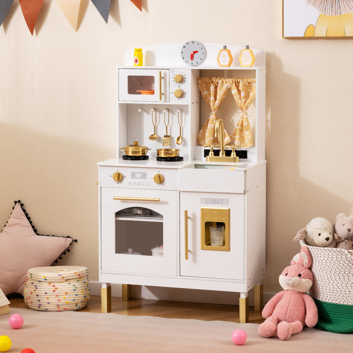 Wooden Play Kitchen for Kids - 3-Height Adjustable Chef Pretend Set-Play Kitchen Sets-DECOROLALA