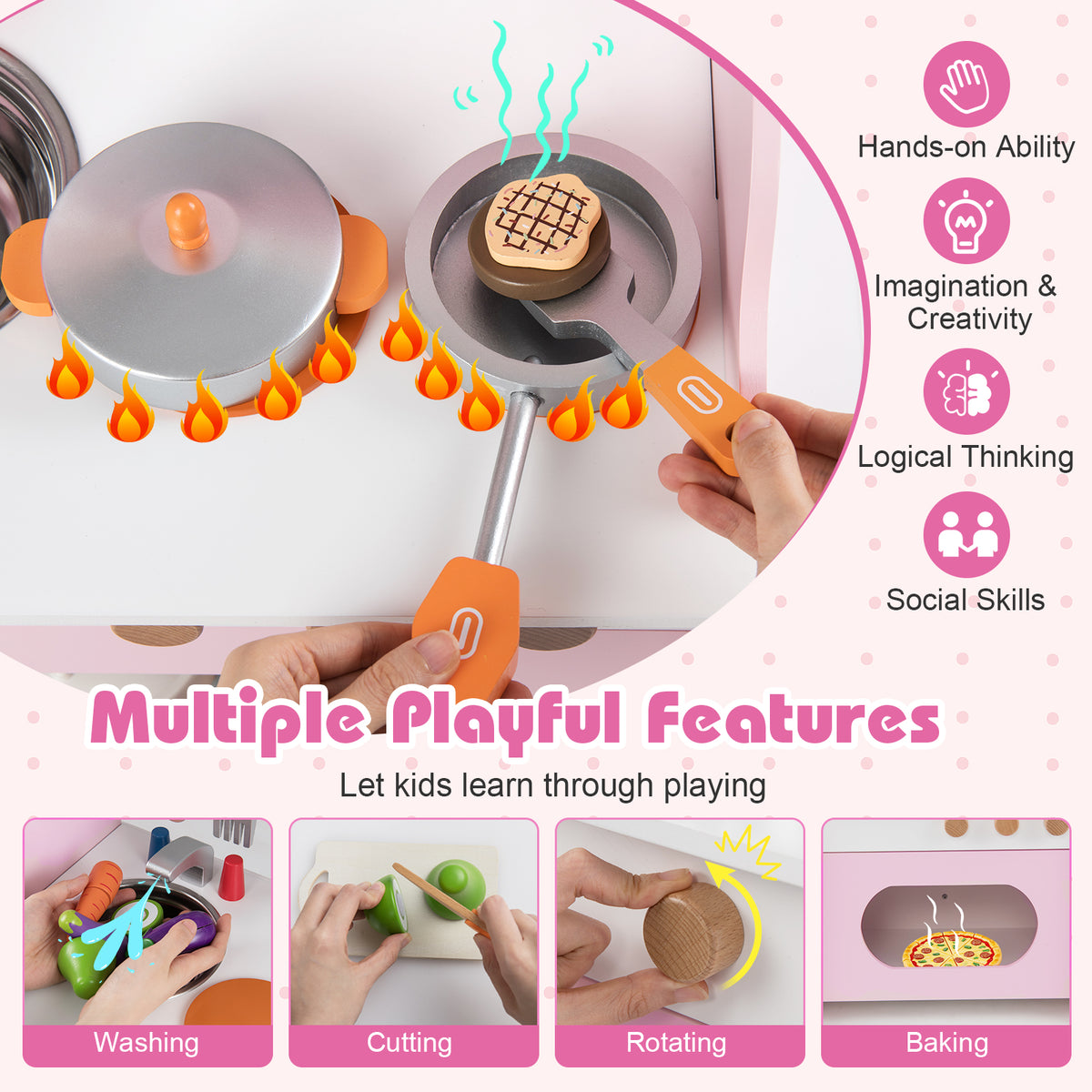 Wooden Play Kitchen for Kids Pretend Play Toy Kitchen Set with Clock Gift for Boys and Girls 3 +