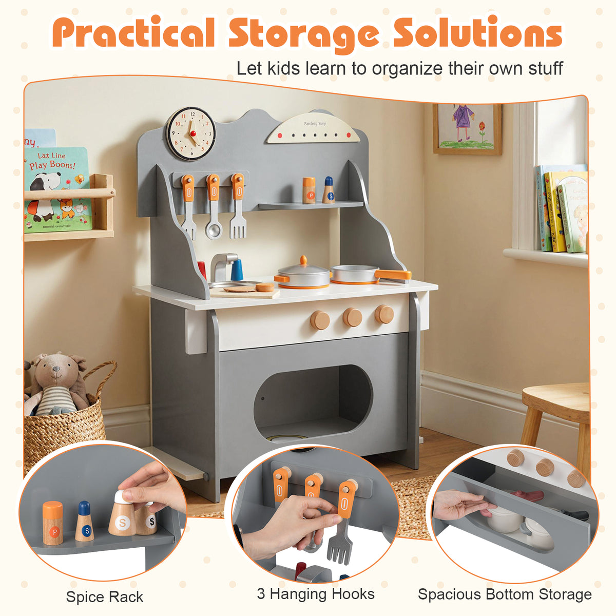 Wooden Play Kitchen for Kids Pretend Play Toy Kitchen Set with Clock Gift for Boys and Girls 3 +