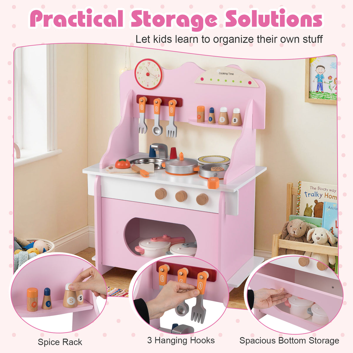Wooden Play Kitchen for Kids Pretend Play Toy Kitchen Set with Clock Gift for Boys and Girls 3 +