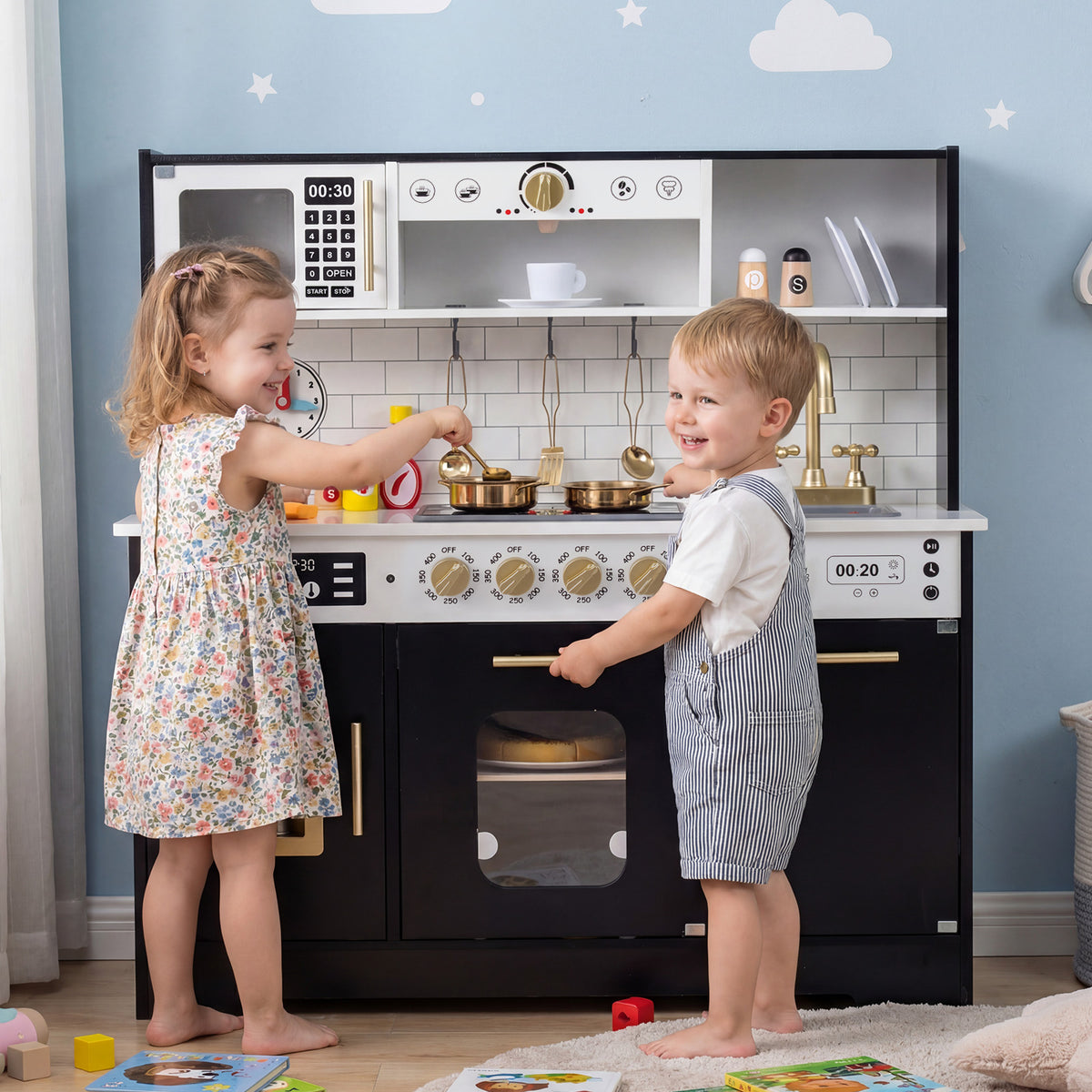 Wooden Play Kitchen for Kids - Realistic Lights and Sounds, MDF-Play Kitchen Sets-DECOROLALA