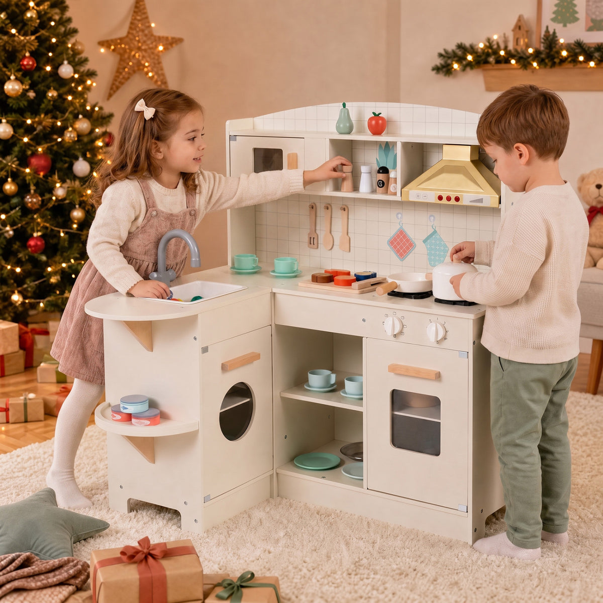 L-Shaped Wooden Play Kitchen with Lights and Sounds - White