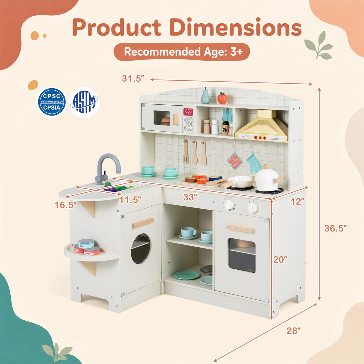 L-Shaped Wooden Play Kitchen with Lights and Sounds - White