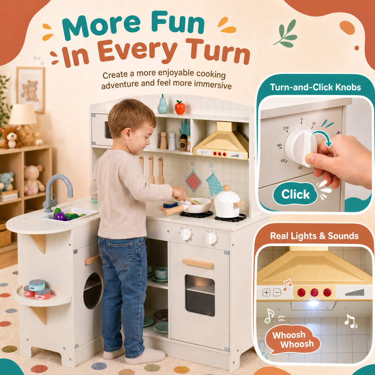 L-Shaped Wooden Play Kitchen with Lights and Sounds - White