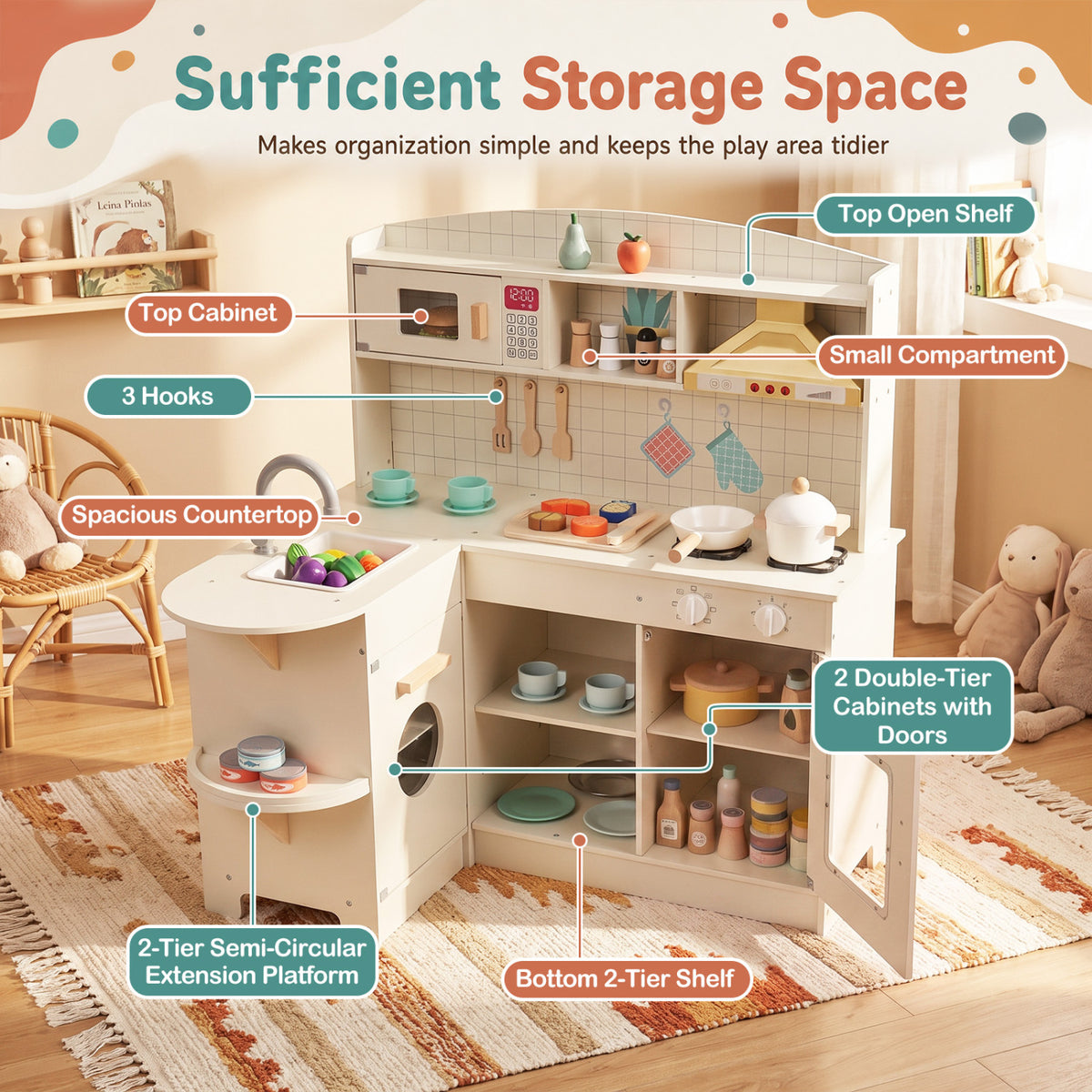 L-Shaped Wooden Play Kitchen with Lights and Sounds - White