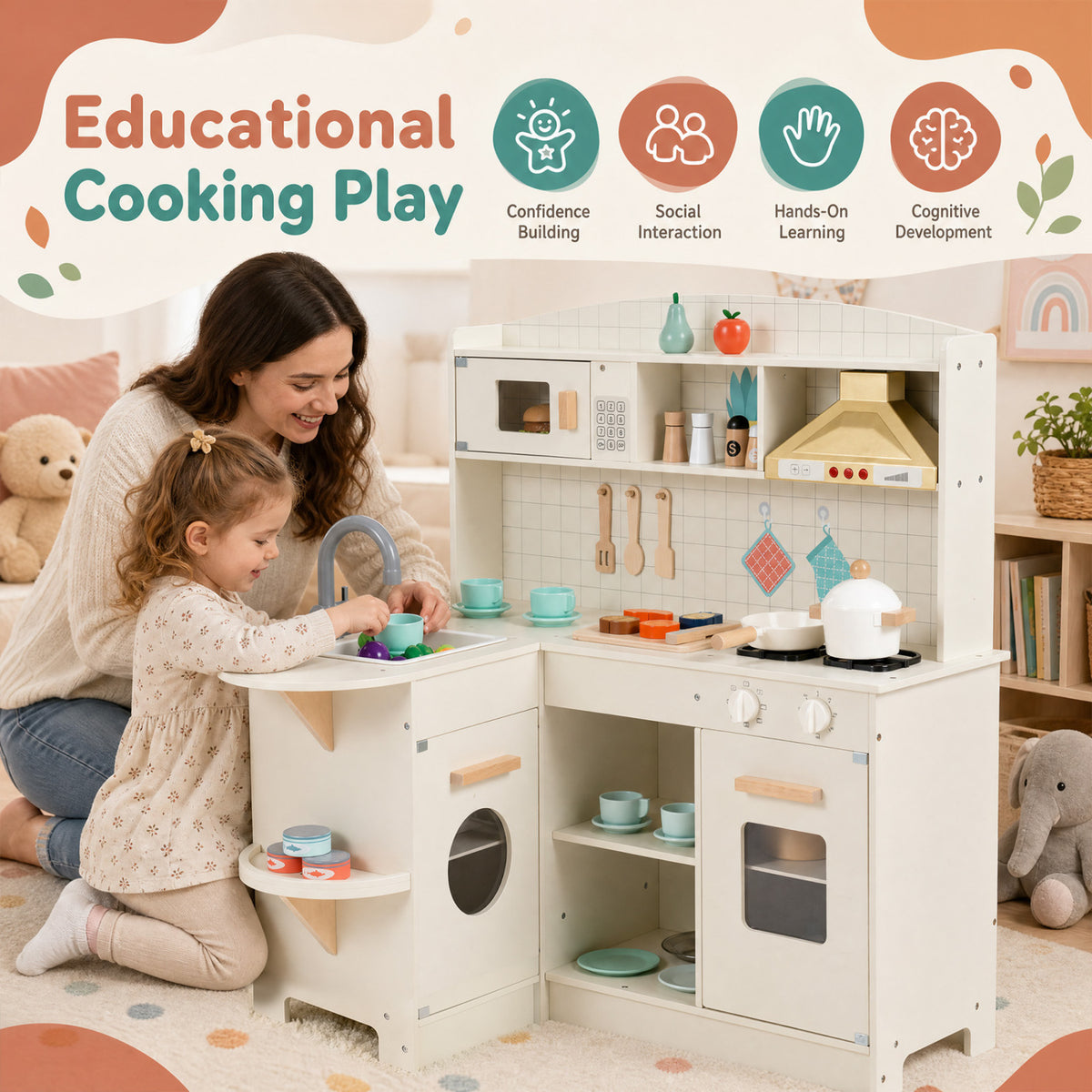 L-Shaped Wooden Play Kitchen with Lights and Sounds - White