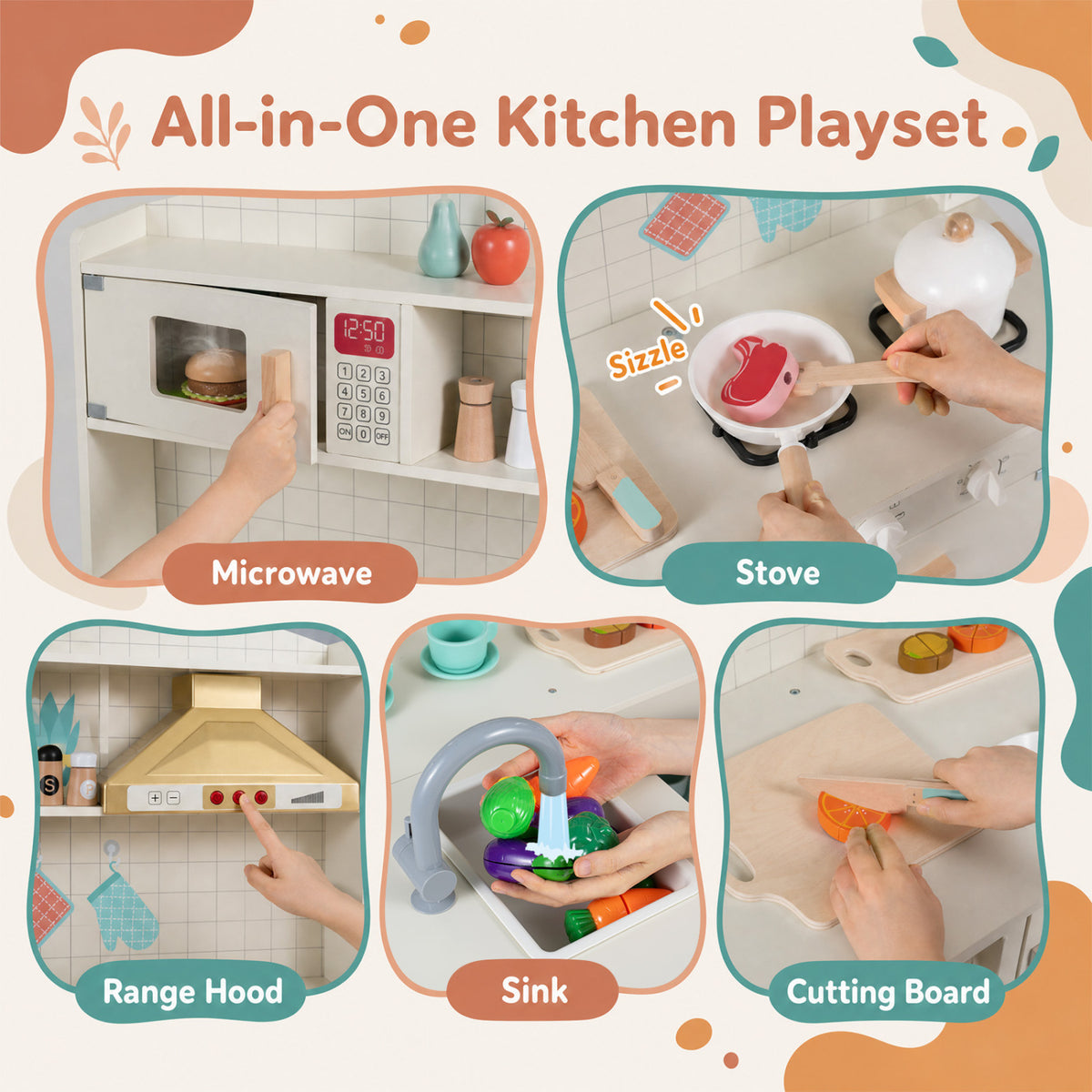 L-Shaped Wooden Play Kitchen with Lights and Sounds - White