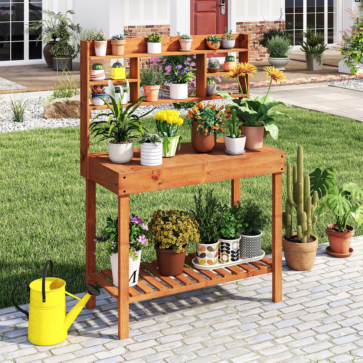 Wooden Potting Bench Table 61" Garden Planting Workstation with 3-Tier Open Shelf-Brown-Potting Benches & Tables-DECOROLALA