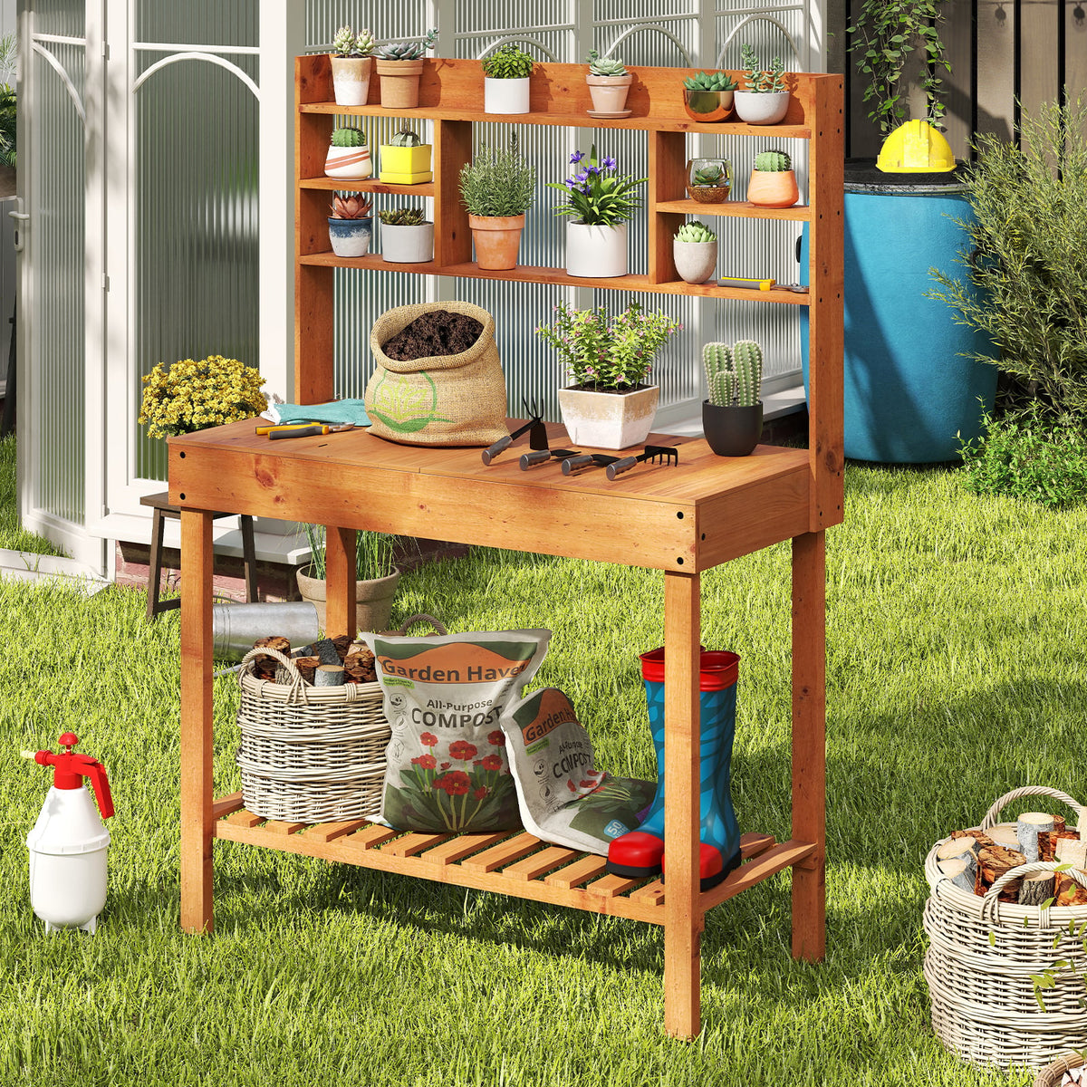 Wooden Potting Bench Table 61" Garden Planting Workstation with 3-Tier Open Shelf-Brown-Potting Benches & Tables-DECOROLALA
