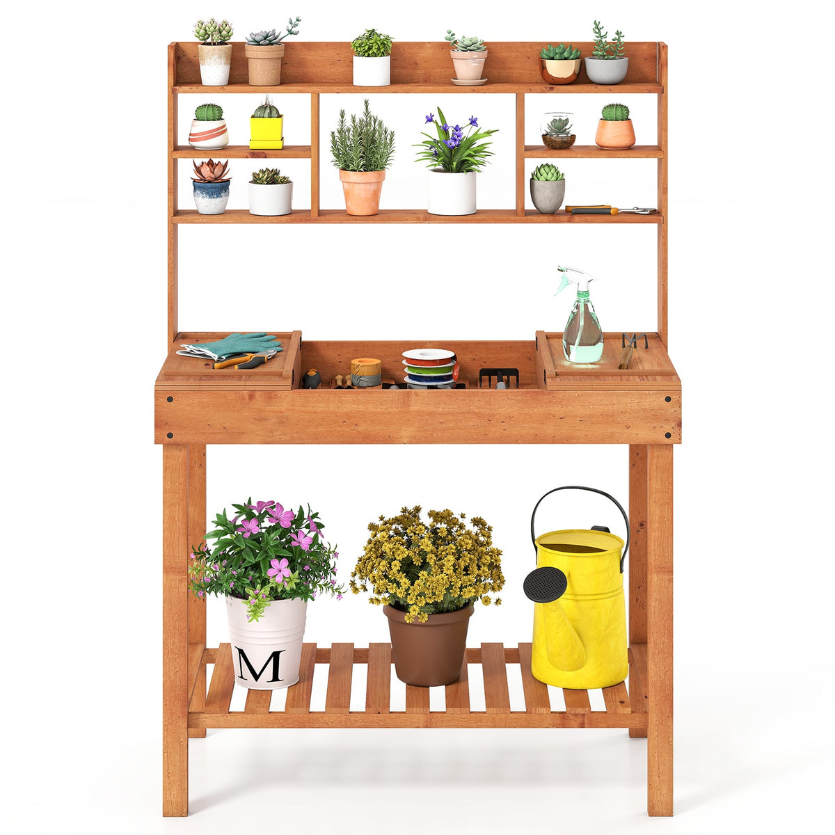 Wooden Potting Bench Table 61" Garden Planting Workstation with 3-Tier Open Shelf-Brown-Potting Benches & Tables-DECOROLALA