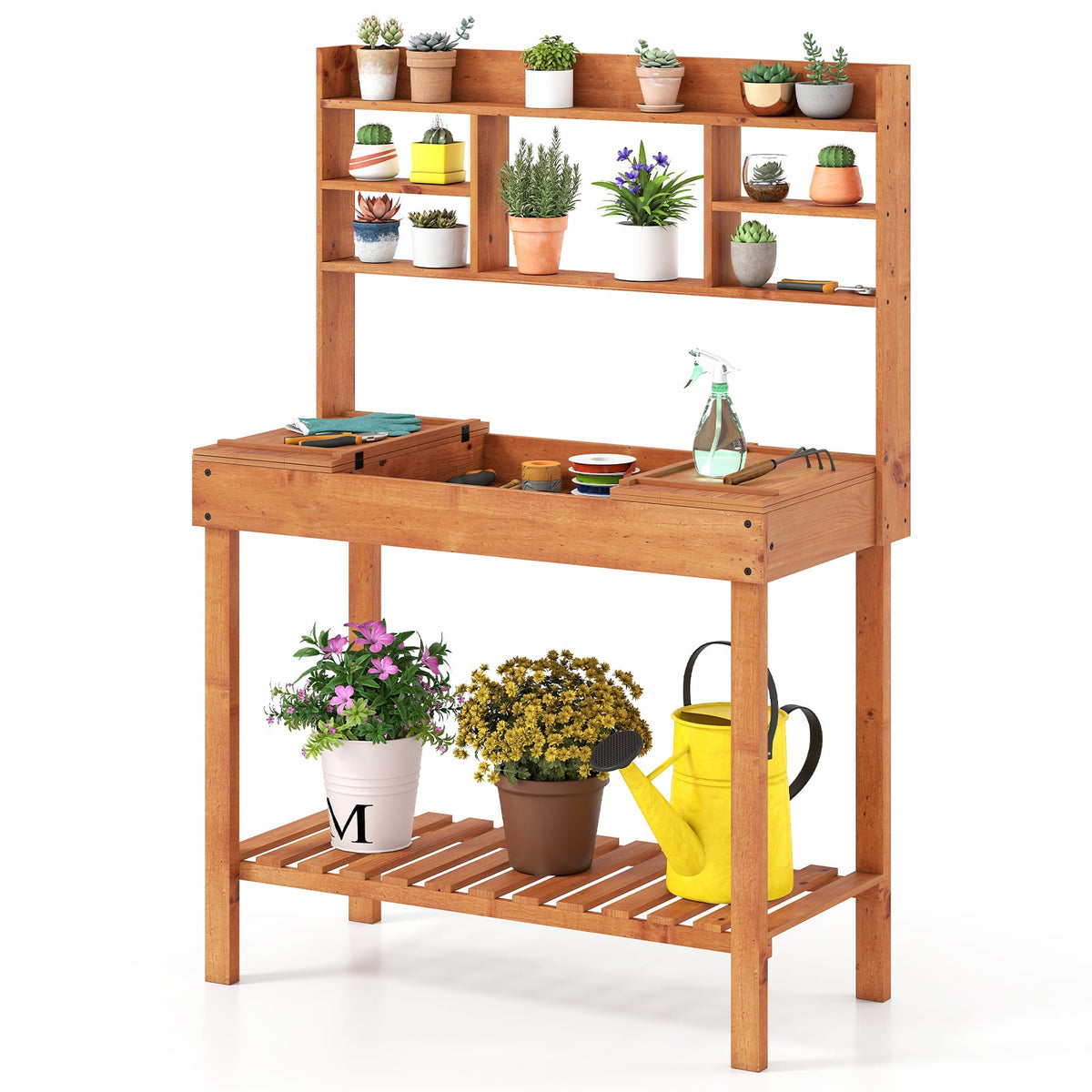 Wooden Potting Bench Table 61" Garden Planting Workstation with 3-Tier Open Shelf-Brown-Potting Benches & Tables-DECOROLALA