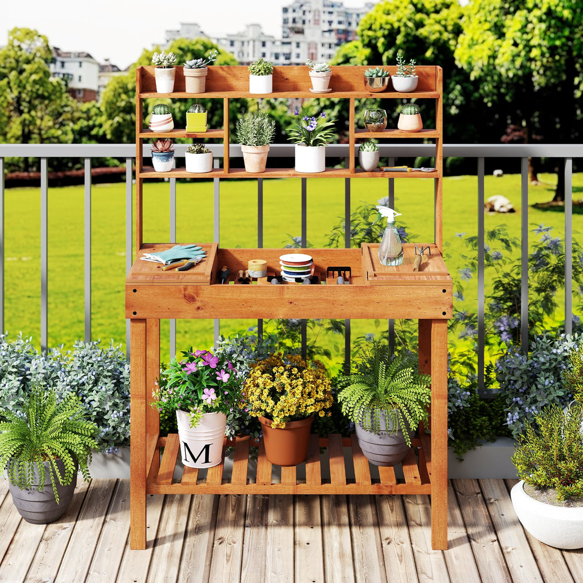 Wooden Potting Bench Table 61" Garden Planting Workstation with 3-Tier Open Shelf-Brown-Potting Benches & Tables-DECOROLALA
