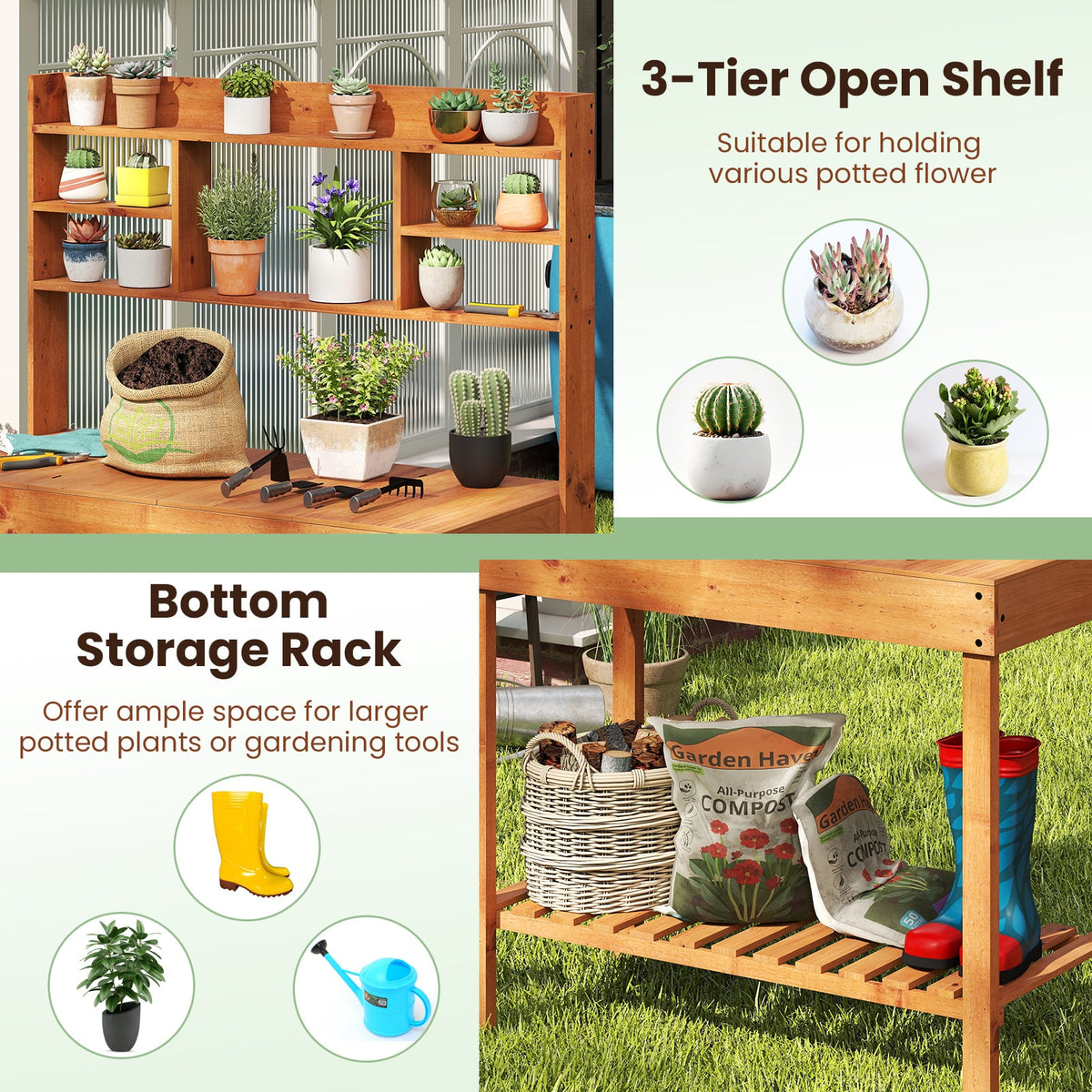 Wooden Potting Bench Table 61" Garden Planting Workstation with 3-Tier Open Shelf-Brown-Potting Benches & Tables-DECOROLALA