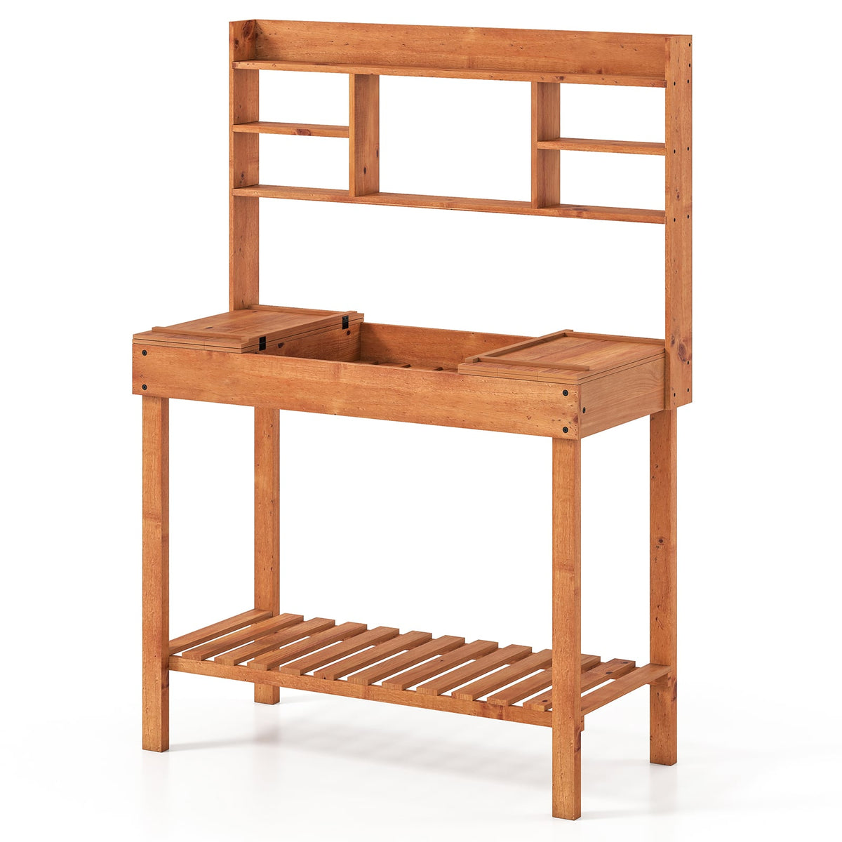 Wooden Potting Bench Table 61" Garden Planting Workstation with 3-Tier Open Shelf-Brown-Potting Benches & Tables-DECOROLALA