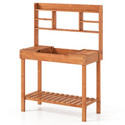Wooden Potting Bench Table 61" Garden Planting Workstation with 3-Tier Open Shelf-Brown-Potting Benches & Tables-DECOROLALA