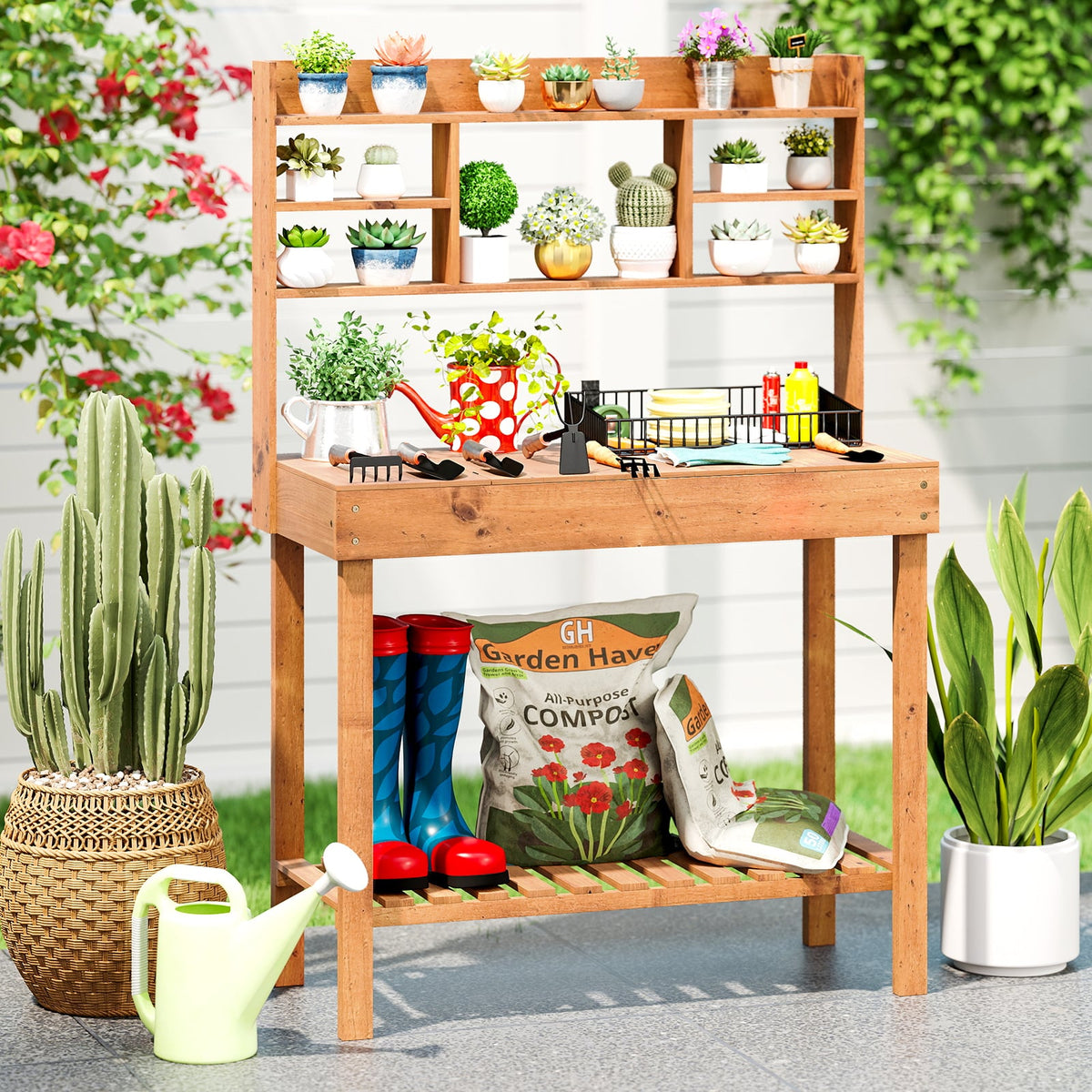 Wooden Potting Bench Table Garden Planting Workstation with 3-Tier Open Shelf-Brown-Potting Benches & Tables-DECOROLALA