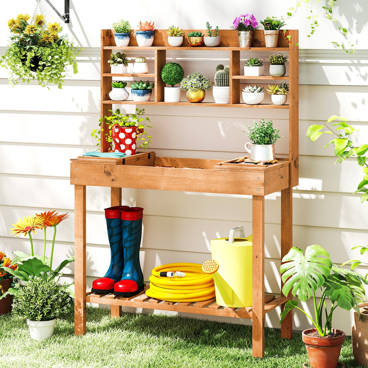 Wooden Potting Bench Table Garden Planting Workstation with 3-Tier Open Shelf-Brown-Potting Benches & Tables-DECOROLALA