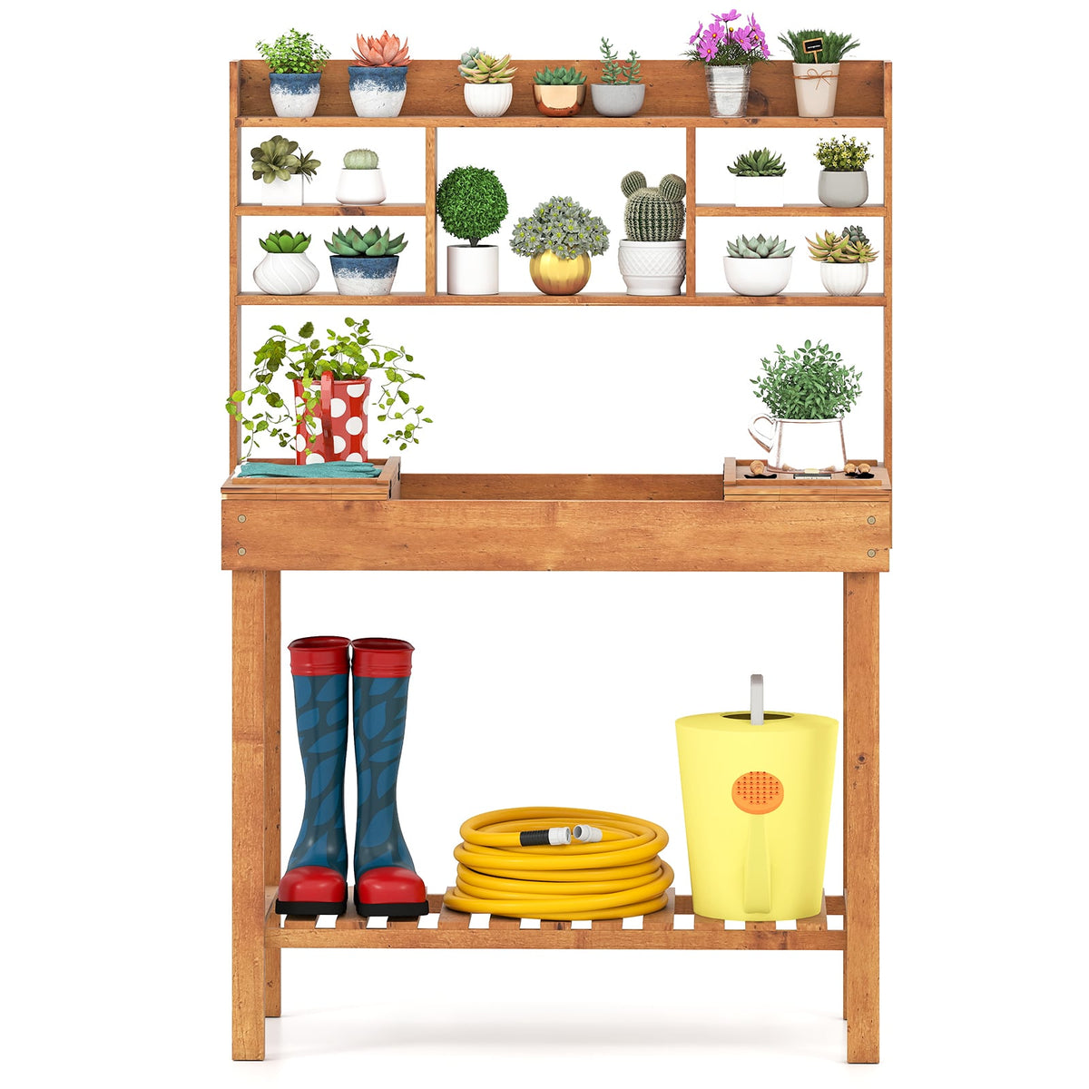 Wooden Potting Bench Table Garden Planting Workstation with 3-Tier Open Shelf-Brown-Potting Benches & Tables-DECOROLALA