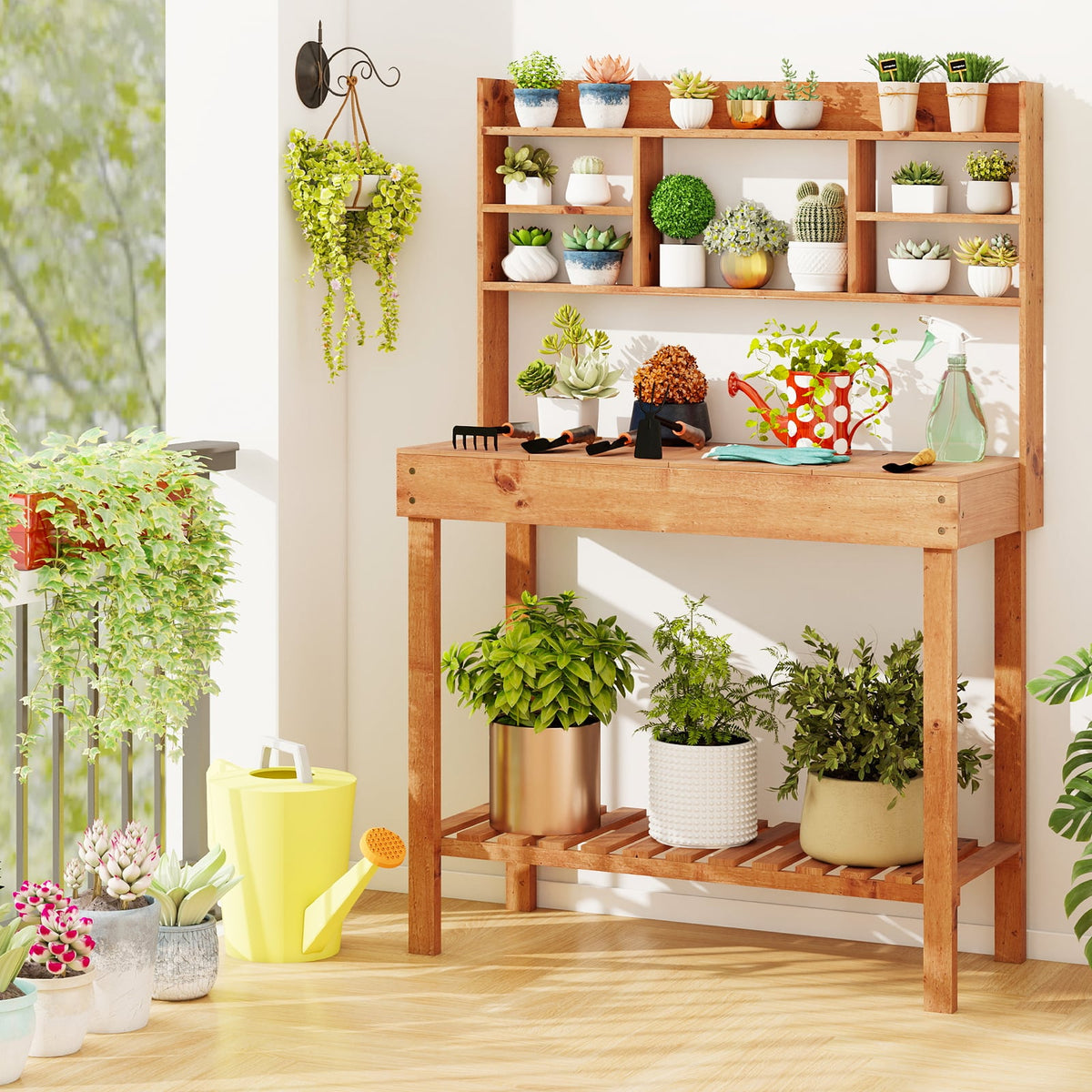Wooden Potting Bench Table Garden Planting Workstation with 3-Tier Open Shelf-Brown-Potting Benches & Tables-DECOROLALA