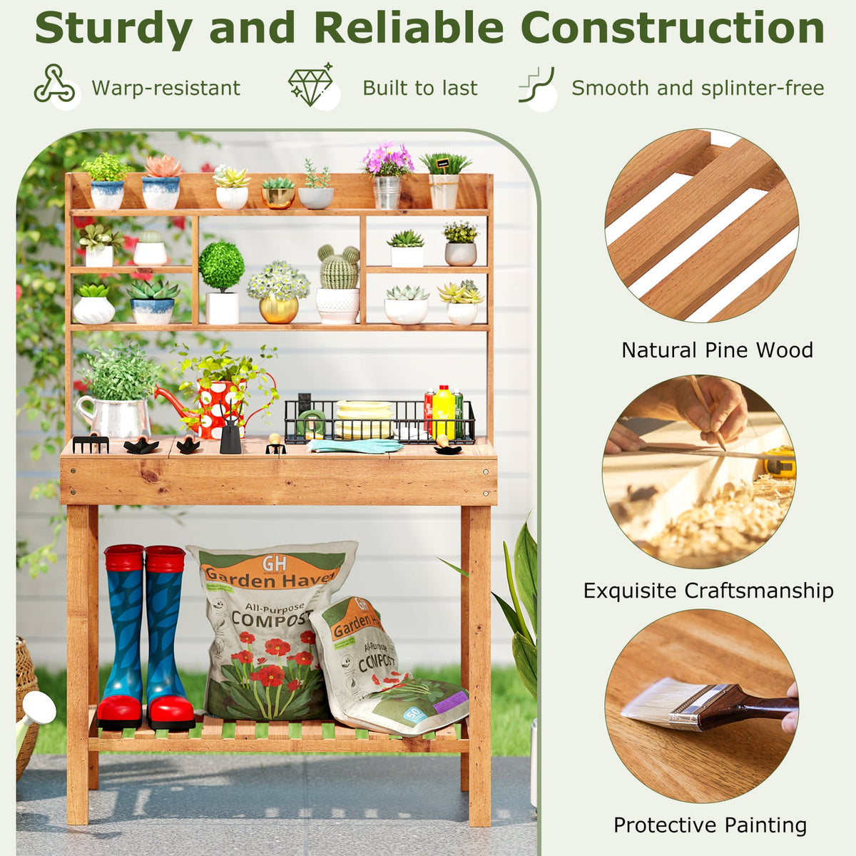 Wooden Potting Bench Table Garden Planting Workstation with 3-Tier Open Shelf-Brown-Potting Benches & Tables-DECOROLALA