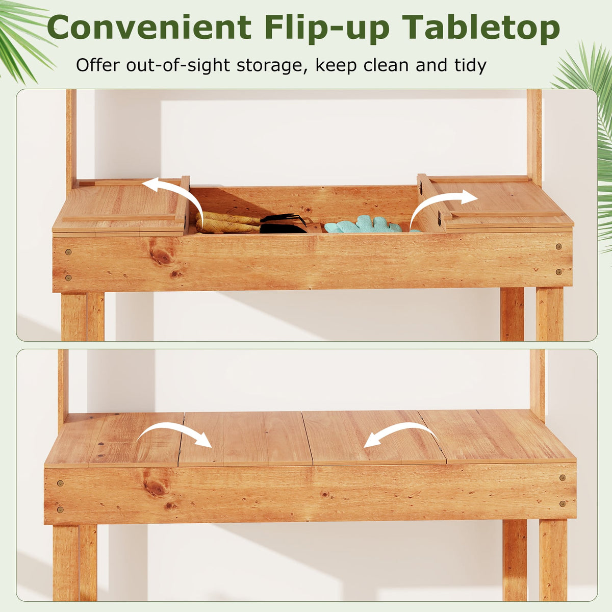 Wooden Potting Bench Table Garden Planting Workstation with 3-Tier Open Shelf-Brown-Potting Benches & Tables-DECOROLALA