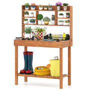 Wooden Potting Bench Table Garden Planting Workstation with 3-Tier Open Shelf-Brown-Potting Benches & Tables-DECOROLALA