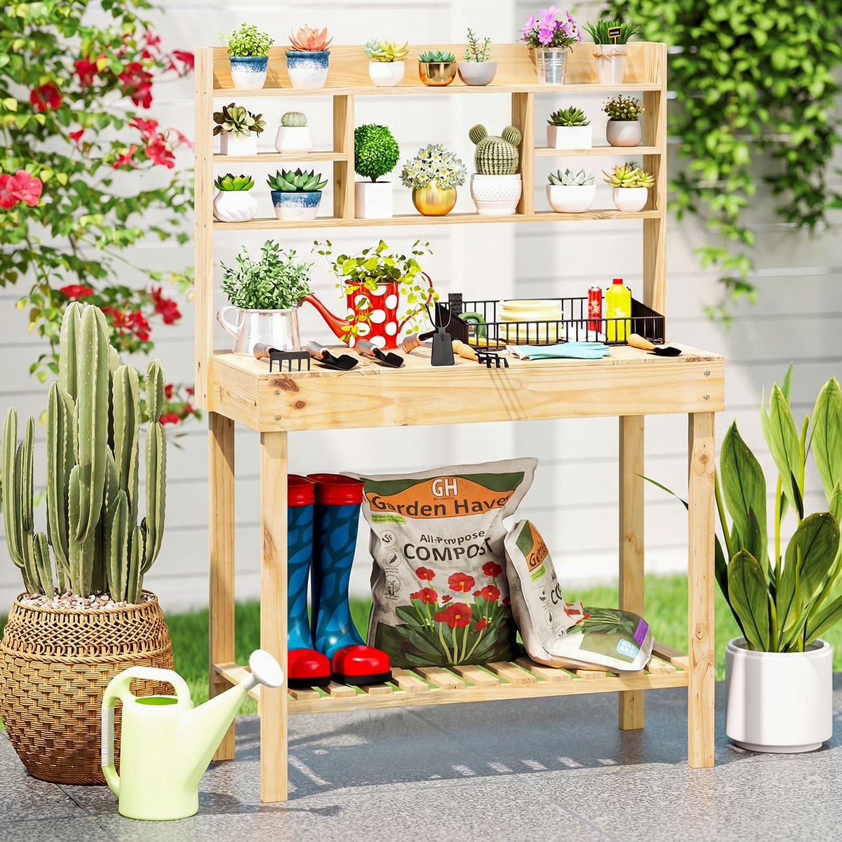 Wooden Potting Bench Table Garden Planting Workstation with 3-Tier Open Shelf-Natural-Potting Benches & Tables-DECOROLALA
