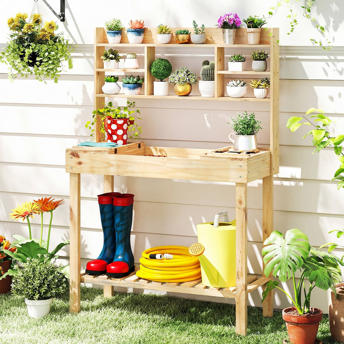 Wooden Potting Bench Table Garden Planting Workstation with 3-Tier Open Shelf-Natural-Potting Benches & Tables-DECOROLALA