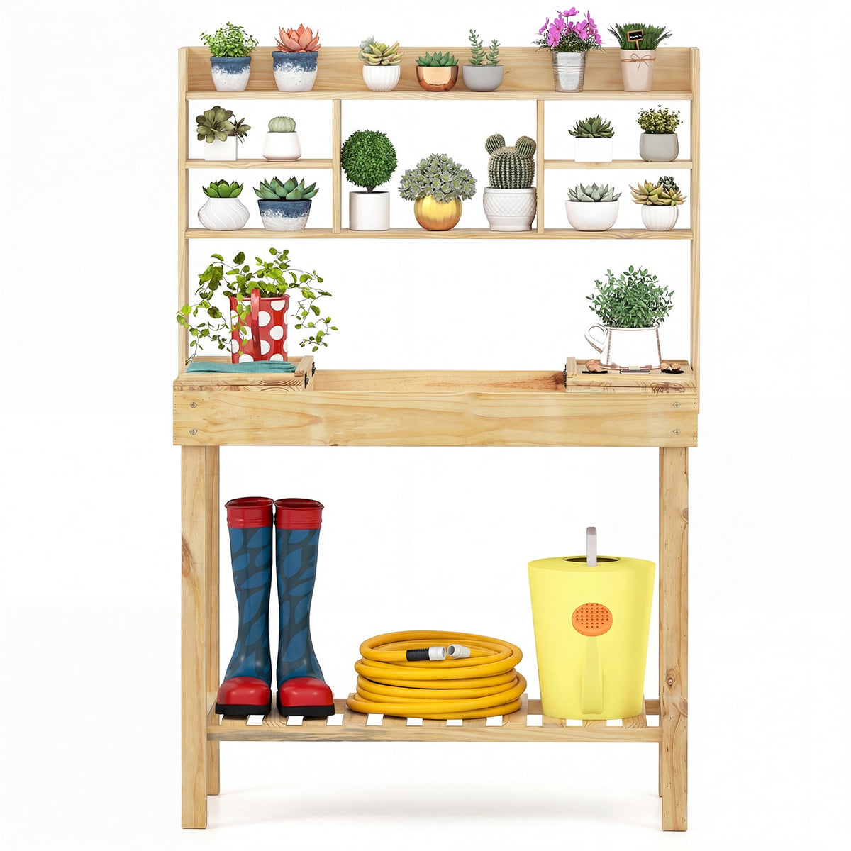 Wooden Potting Bench Table Garden Planting Workstation with 3-Tier Open Shelf-Natural-Potting Benches & Tables-DECOROLALA