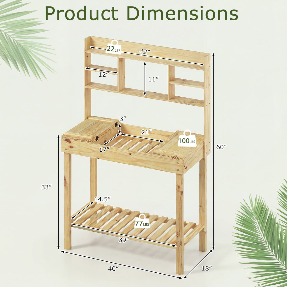 Wooden Potting Bench Table Garden Planting Workstation with 3-Tier Open Shelf-Natural-Potting Benches & Tables-DECOROLALA