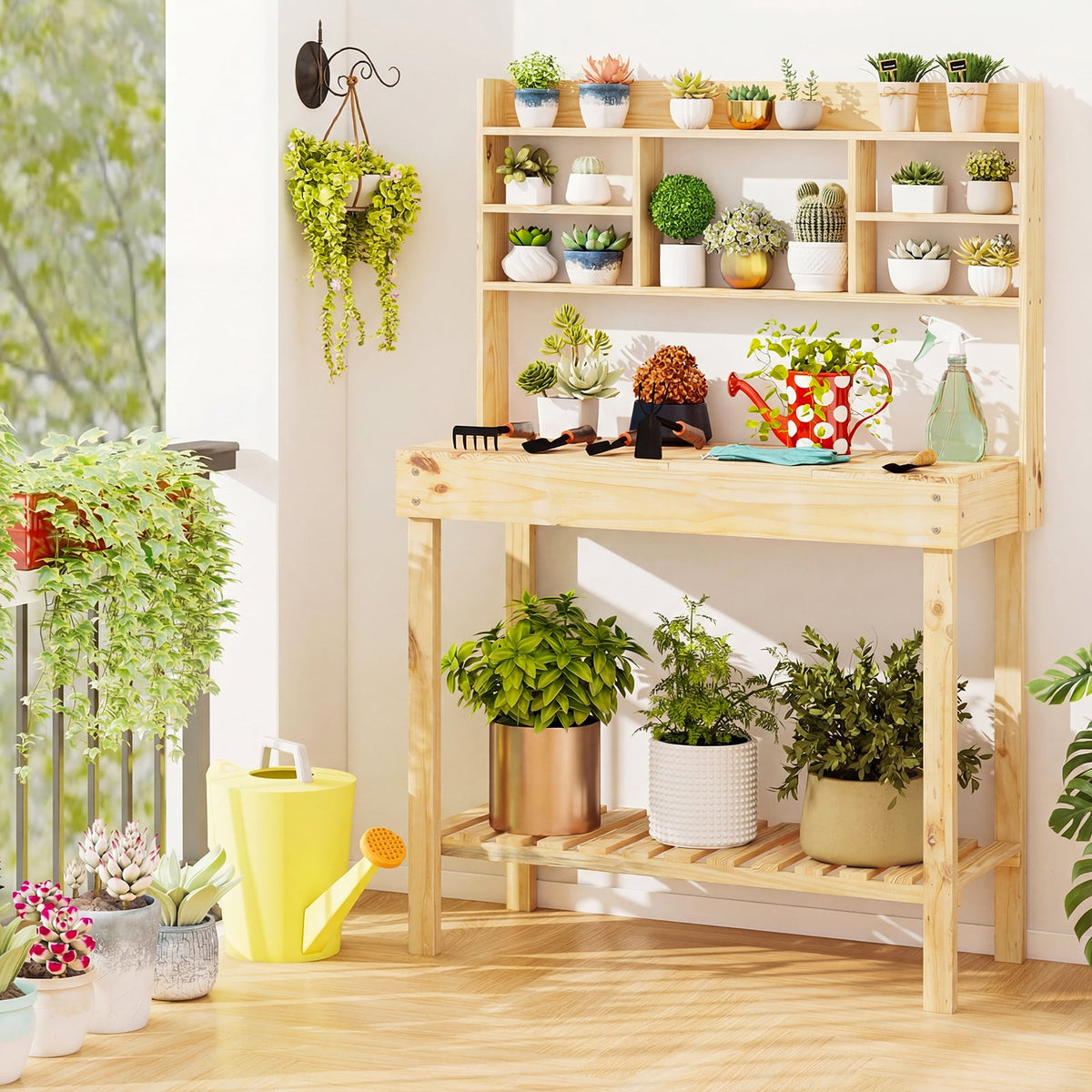 Wooden Potting Bench Table Garden Planting Workstation with 3-Tier Open Shelf-Natural-Potting Benches & Tables-DECOROLALA