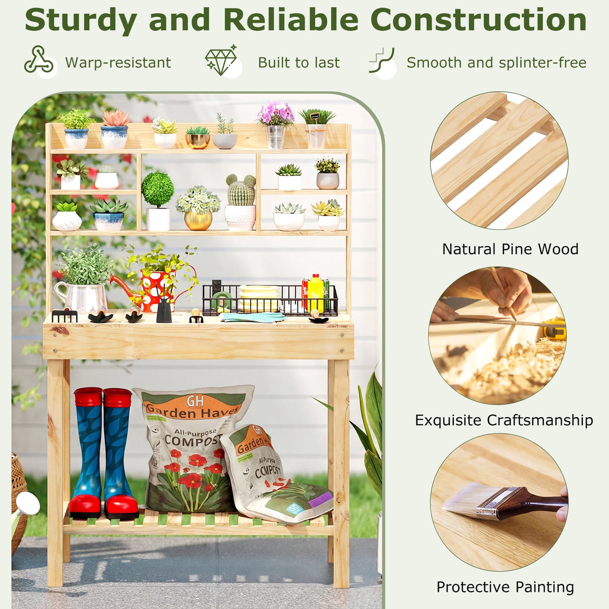 Wooden Potting Bench Table Garden Planting Workstation with 3-Tier Open Shelf-Natural-Potting Benches & Tables-DECOROLALA