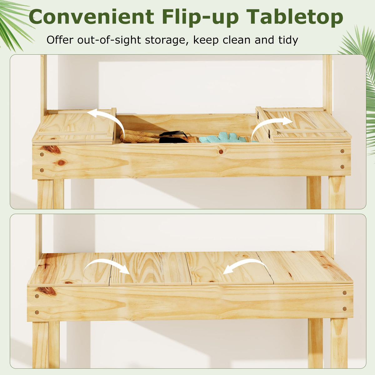 Wooden Potting Bench Table Garden Planting Workstation with 3-Tier Open Shelf-Natural-Potting Benches & Tables-DECOROLALA