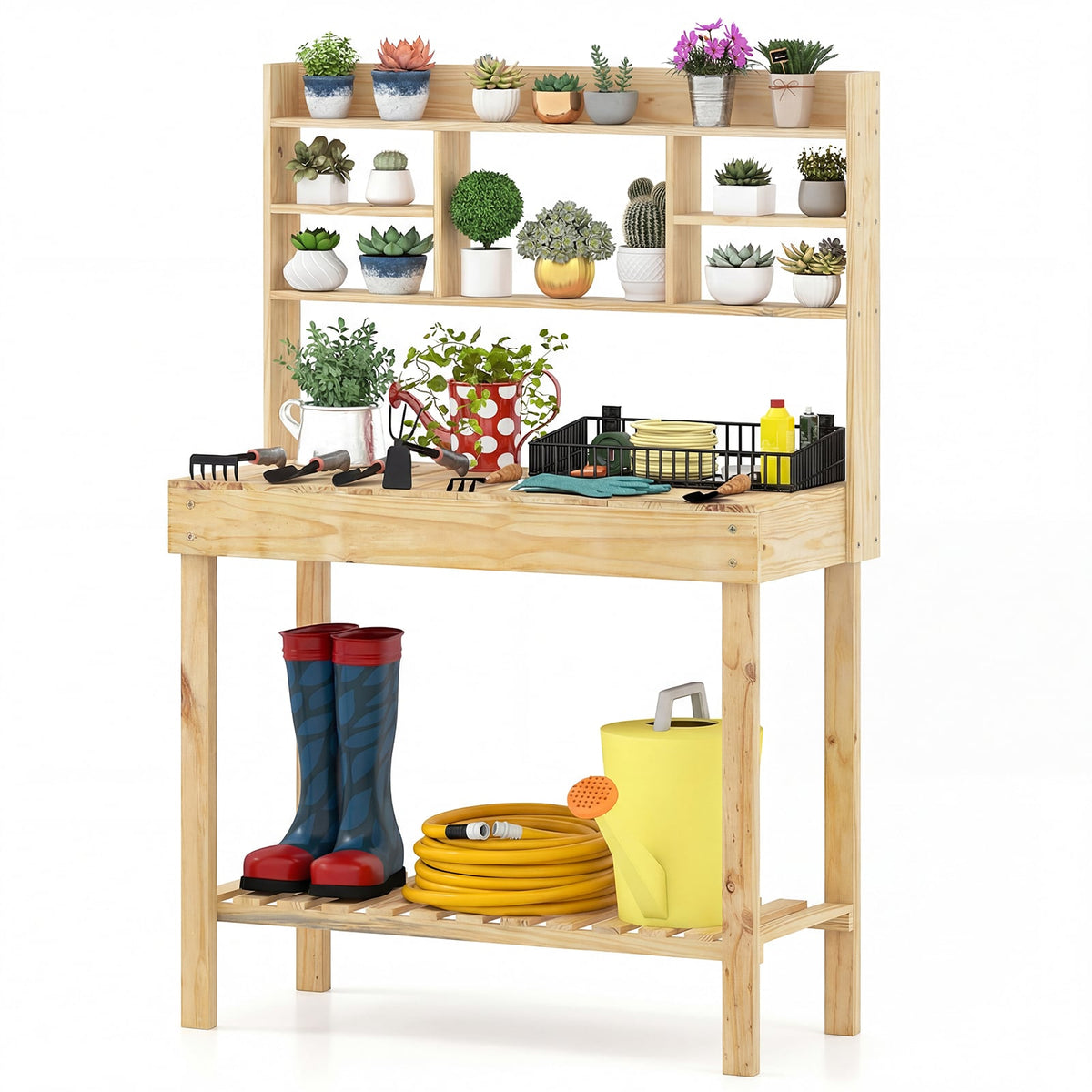 Wooden Potting Bench Table Garden Planting Workstation with 3-Tier Open Shelf-Natural-Potting Benches & Tables-DECOROLALA
