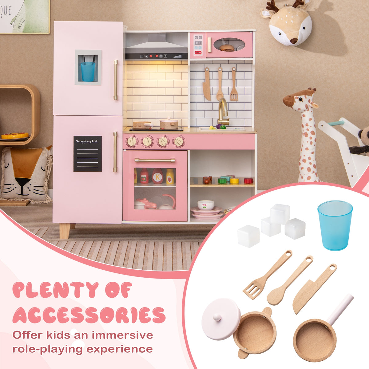 Wooden Pretend Play Kitchen with Ice Maker Range Hood and Blackboard-Pink