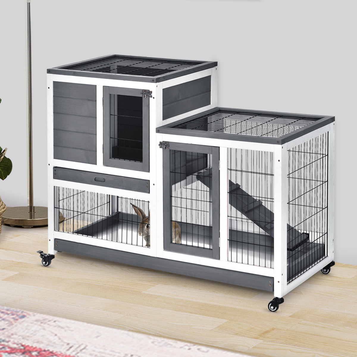 Wooden Rabbit Hutch - 2-Story Indoor Bunny Cage with Wheels, Grey-Small Animal Supplies-DECOROLALA