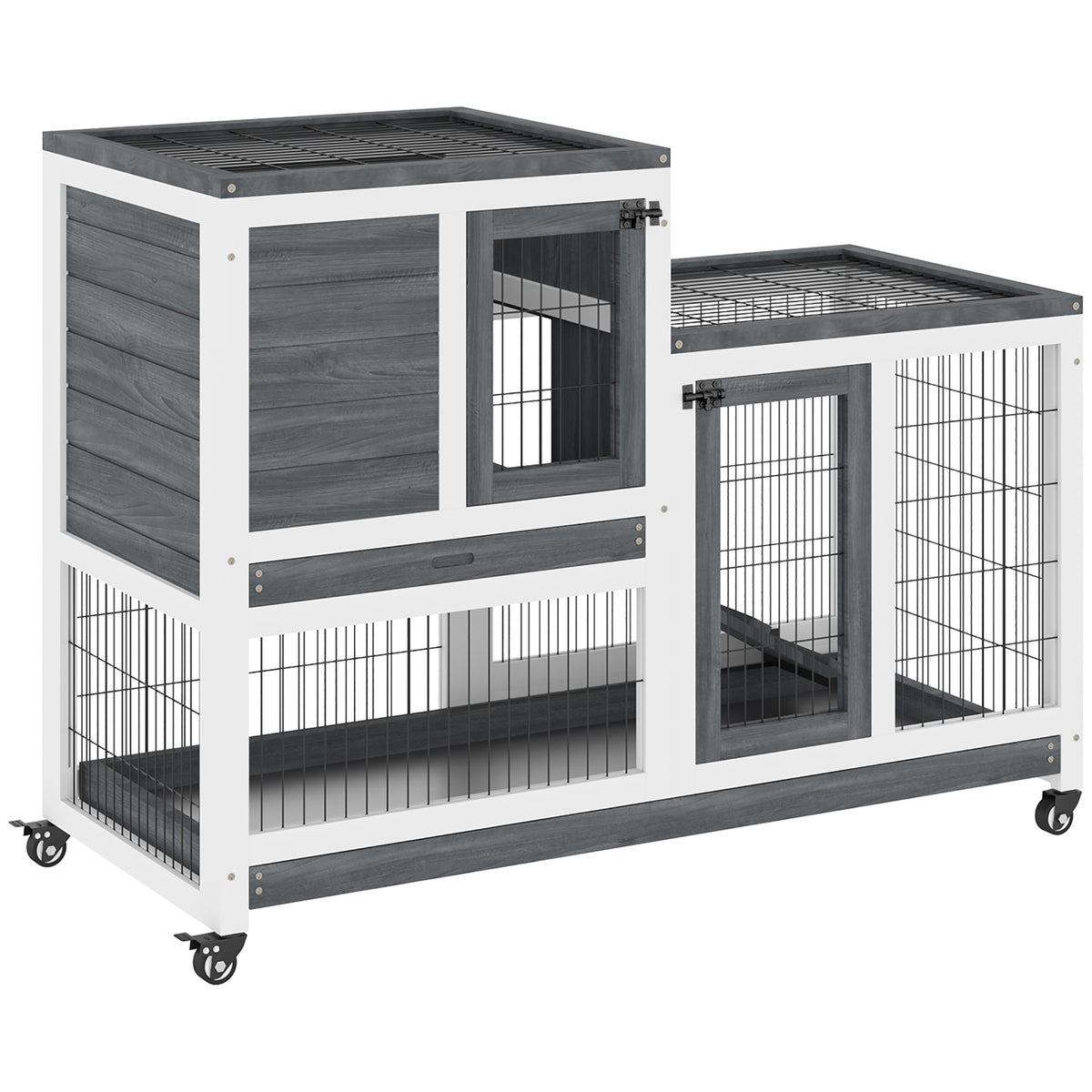 Wooden Rabbit Hutch - 2-Story Indoor Bunny Cage with Wheels, Grey-Small Animals-DECOROLALA