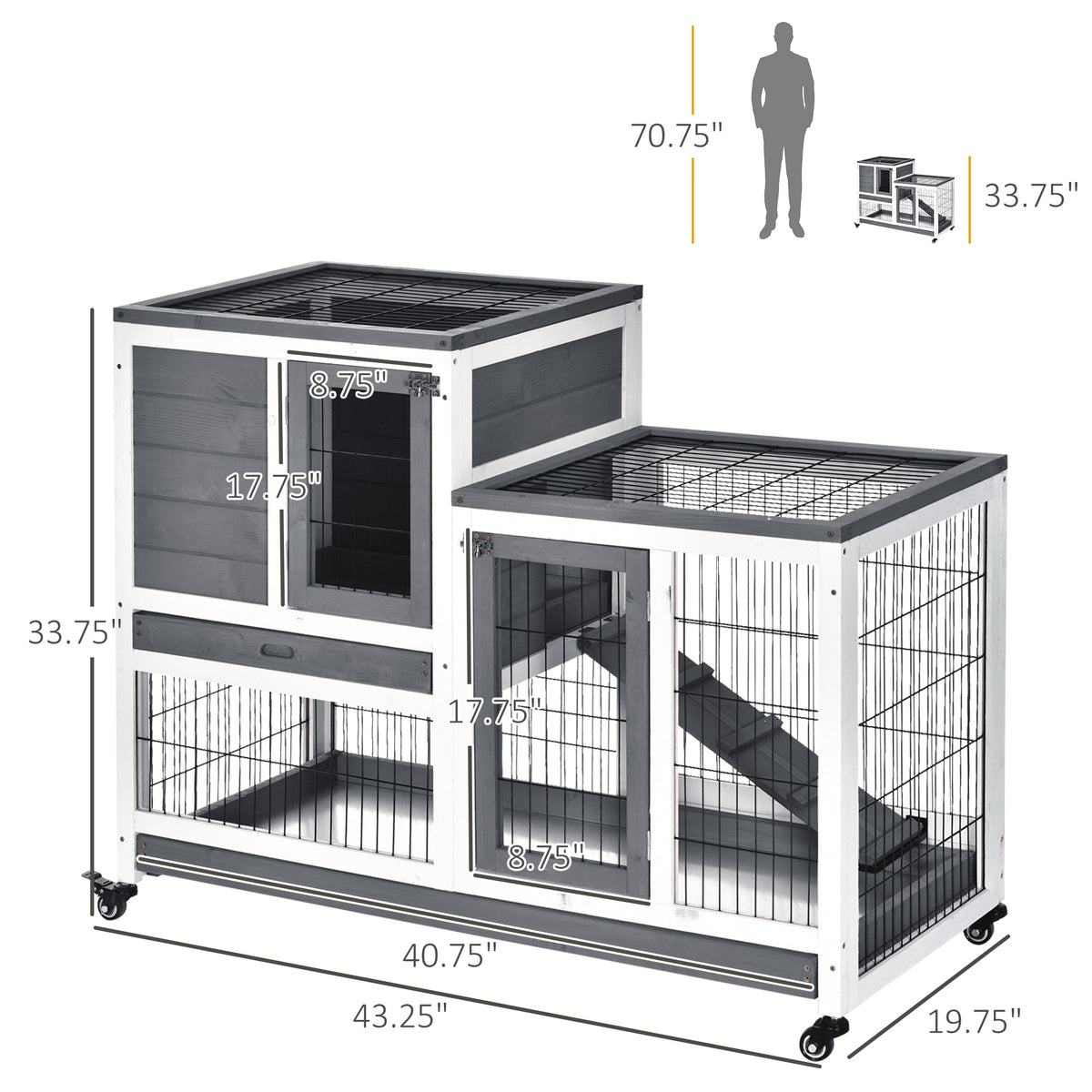 Wooden Rabbit Hutch - 2-Story Indoor Bunny Cage with Wheels, Grey-Small Animals-DECOROLALA