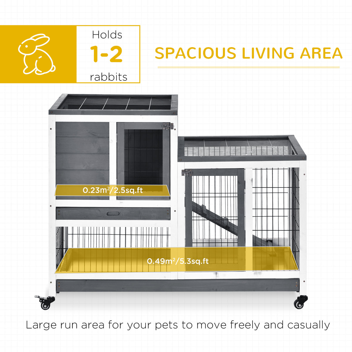 Wooden Rabbit Hutch - 2-Story Indoor Bunny Cage with Wheels, Grey-Small Animals-DECOROLALA