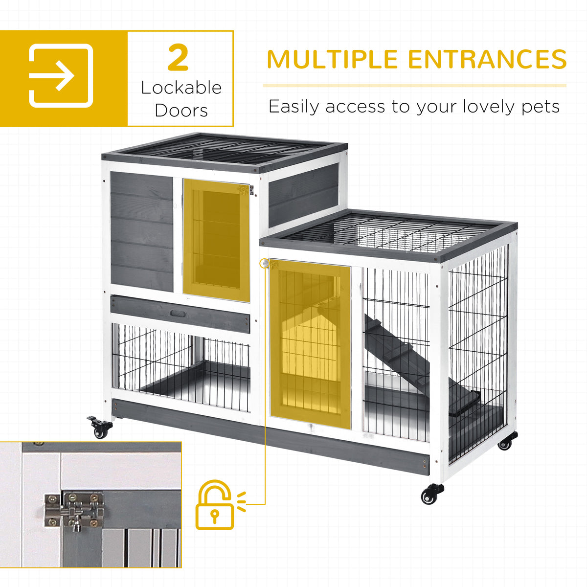 Wooden Rabbit Hutch - 2-Story Indoor Bunny Cage with Wheels, Grey-Small Animals-DECOROLALA
