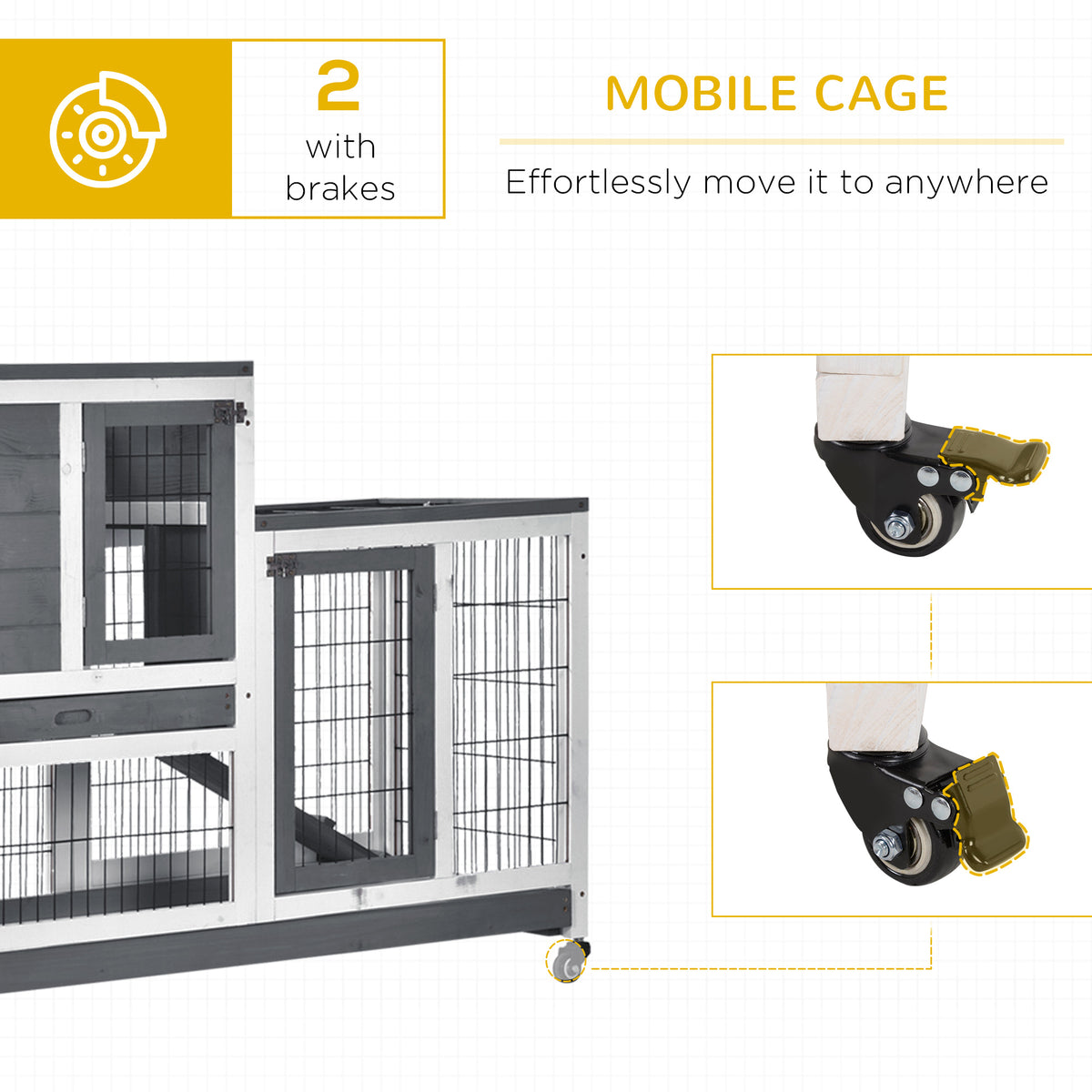 Wooden Rabbit Hutch - 2-Story Indoor Bunny Cage with Wheels, Grey-Small Animals-DECOROLALA