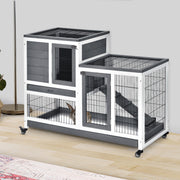 Wooden Rabbit Hutch - 2-Story Indoor Bunny Cage with Wheels, Grey-Small Animals-DECOROLALA
