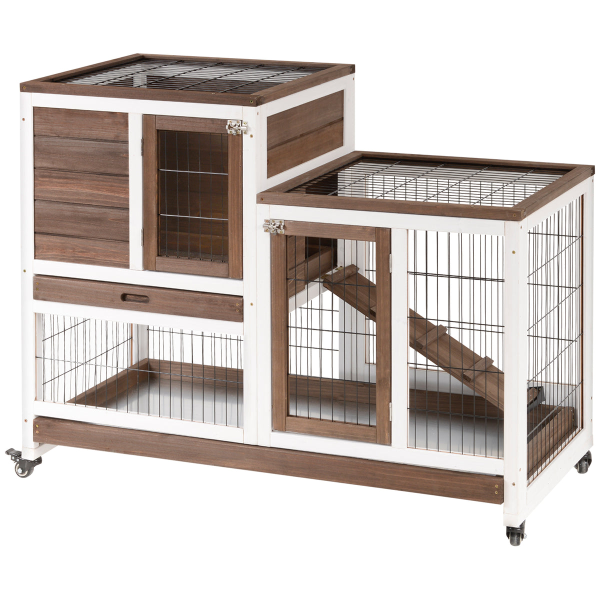 Wooden Rabbit Hutch - 2-Tier Indoor Bunny Cage with Wheels, Brown-Small Animals-DECOROLALA