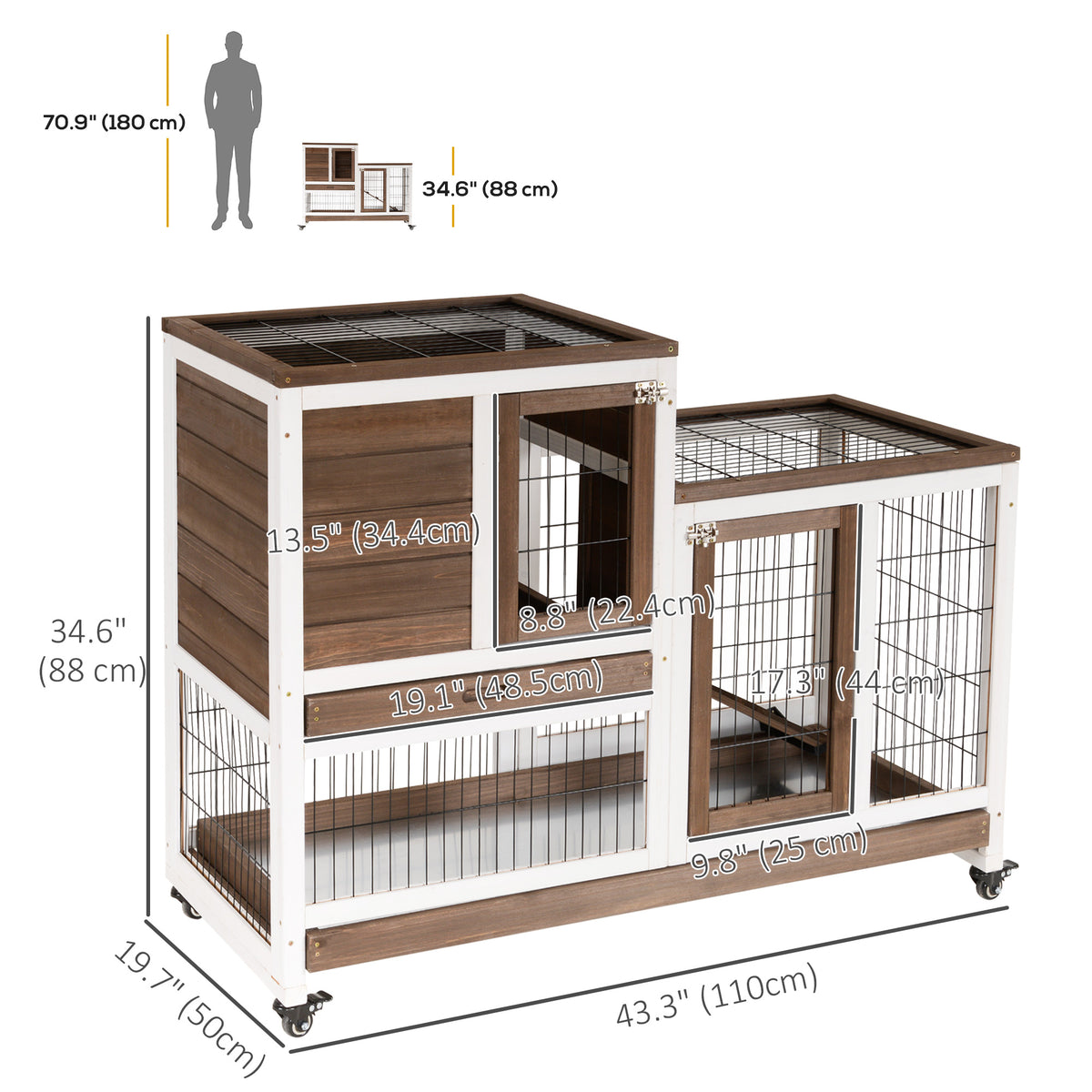 Wooden Rabbit Hutch - 2-Tier Indoor Bunny Cage with Wheels, Brown-Small Animals-DECOROLALA