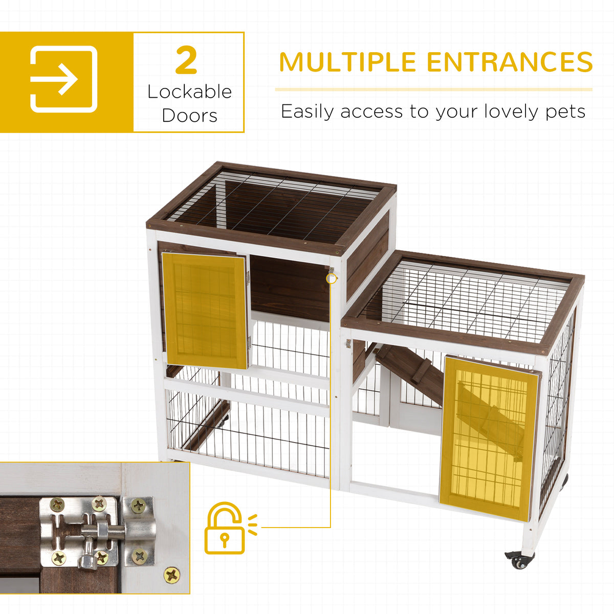 Wooden Rabbit Hutch - 2-Tier Indoor Bunny Cage with Wheels, Brown-Small Animals-DECOROLALA