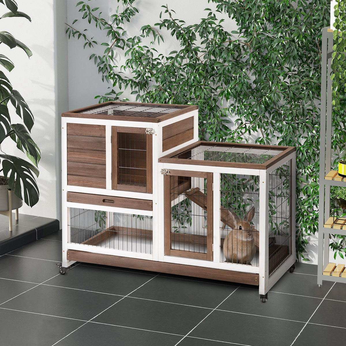 Wooden Rabbit Hutch - 2-Tier Indoor Bunny Cage with Wheels, Brown-Small Animals-DECOROLALA