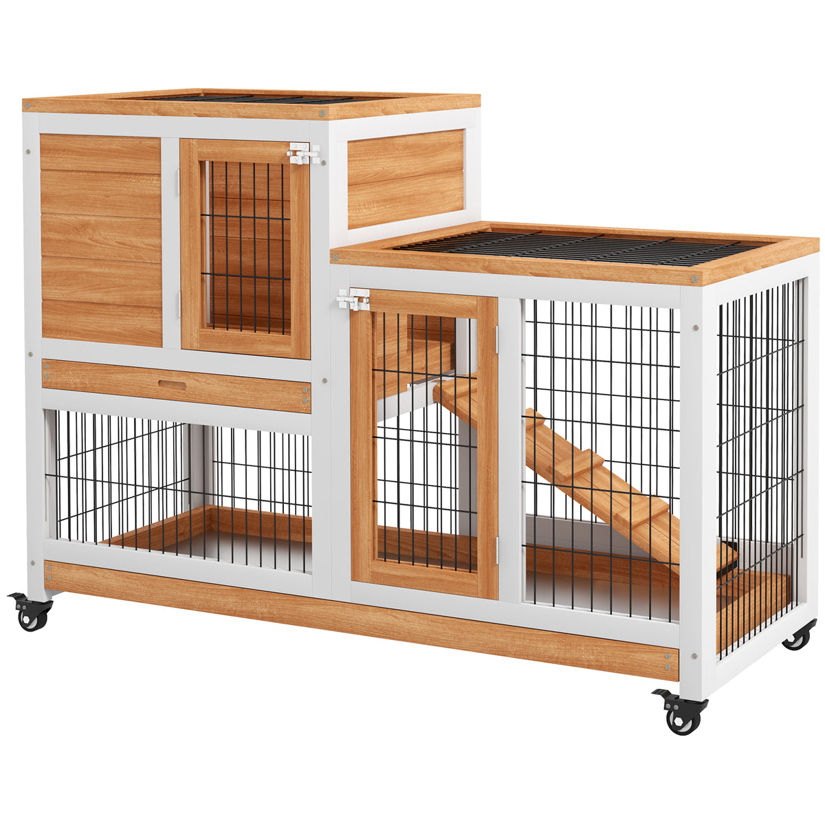 Wooden Rabbit Hutch - 2-Tier Indoor Bunny Cage with Wheels, Yellow-Small Animals-DECOROLALA