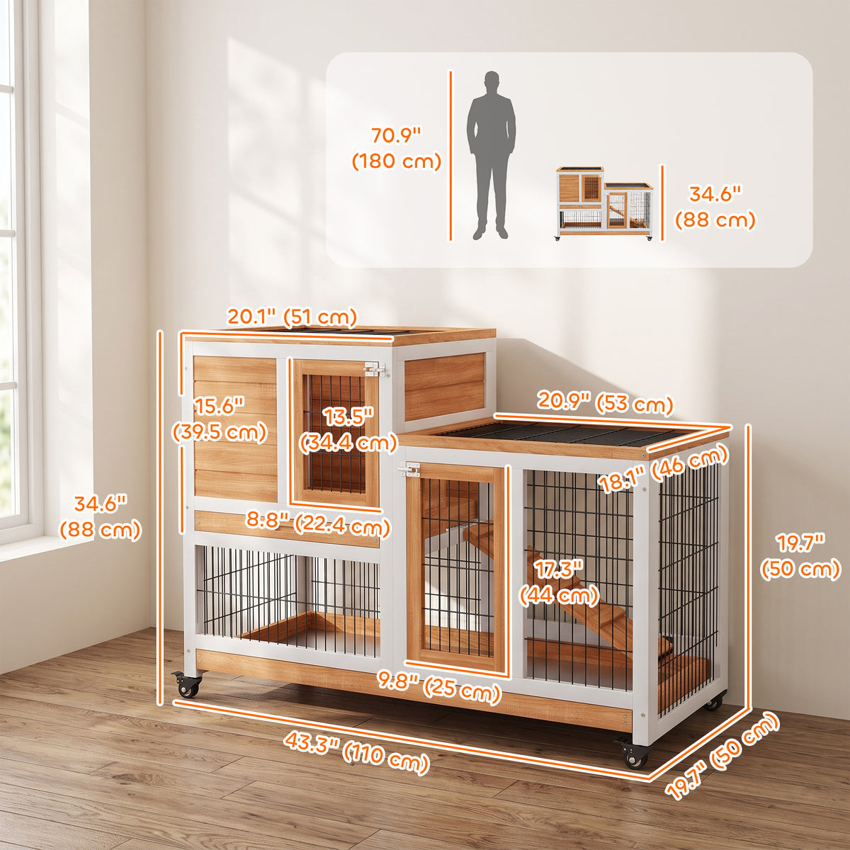 Wooden Rabbit Hutch - 2-Tier Indoor Bunny Cage with Wheels, Yellow-Small Animals-DECOROLALA