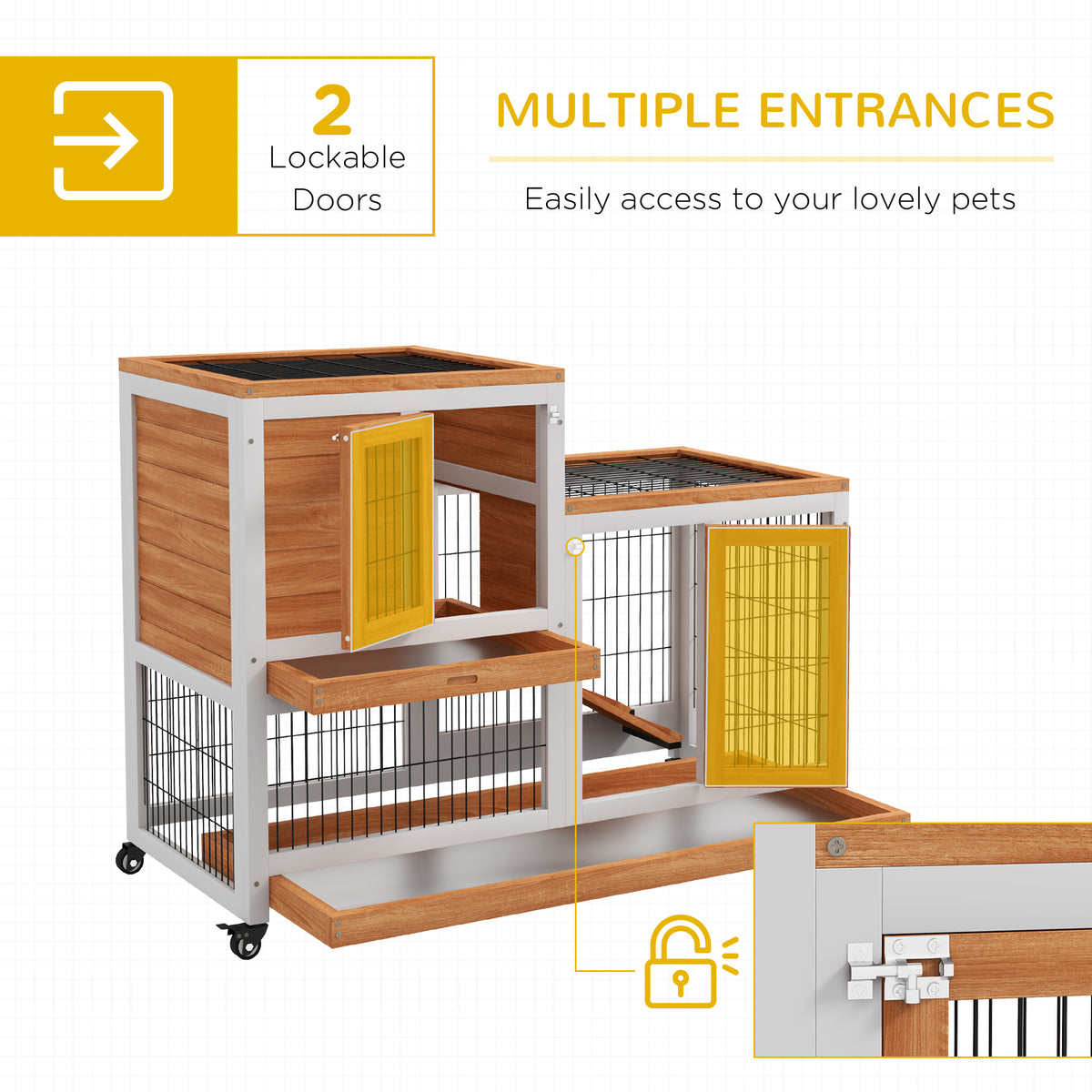 Wooden Rabbit Hutch - 2-Tier Indoor Bunny Cage with Wheels, Yellow-Small Animals-DECOROLALA